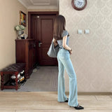 Fongt Blue Retro High Street High-Rise Micro-Rave Jeans Women Summer Elastic Repair Slim Thin Horseshoe Long Pants