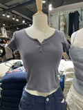 Women Front Buttons T-shirts 2023 Summer Fashion Ladies O Neck Short Sleeves Solid Color Tees Female Chic Tops-Outfit