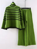 and White Stripe Knitted Two Piece Women Sets Casual Elastic Waist Pants Set Women 2 Piece Autumn Turtleneck Sweaters