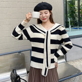 Women's Stripe Sweater Lace-ups Sweet Casual Knitted Long Sleeves Tops-Outfit