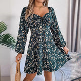 Shooting 2025 Autumn And Winter Casual Sexy Tie Side Collar Broken Flower Long-Sleeved A Dress Women's