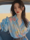 Fongt Spring And Summer New Small Shirt French Single Special Top Design Small Smell Blue Printed Shirt