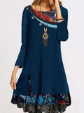 Fongt Dress Women's Print Loose Long Sleeved Round Collar