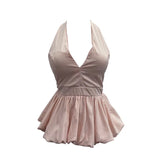Fongt Retro Hanging Neck Tie With Bare Back Sling Skirt Folded Short Sleeveless Top Woman 9225
