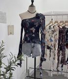 Tie Dyed Elastic Mesh Oblique Shoulder Irregular Horn Long-Sleeved T-Shirt Flower Short Floated Female