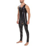 Fongt Plus Size Men's PVC Bright Leather Onesie Sexy Open Gear Slim Onesie Leather Pants Size Accurate-Outfit
