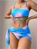 Fongt Tie-Dyed Bikini Swimsuit Female Three-Piece Mesh Skirt Split Bikini