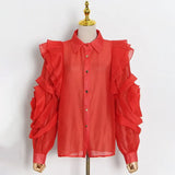 Solid Color Chiffon Perspective Shirt For Women Lepal Long Sleeves Floral Ruffle Shirts Female 2022 Spring