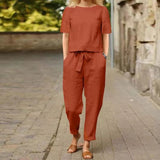Fongt Women's Cotton Tample Summer With Suit Half-Sleeved O-Neck Oversized Hoodie E Broad Leg Pants Retro Two-Piece Set