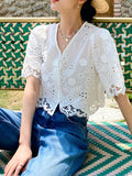 Fongt Three-Dimensional Flower Embroidery French Small Fragrant Suit Women's Short-Sleeved White Top Skirt Suit Shenzhen South Oil Women's