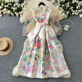 Fongt 2025 Court Wind V Tie Belt Belt Belt Belt Lantern Sleeve Print Thin Long Dress