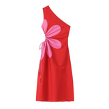 Fongt Women's Dress Positioning Flower Print Oblique Shoulder Dress 9050