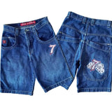 Sales Shorts Y2K Pants Harajuku Hip-Hop Lucky 7 Pattern Retro Blue Baggy Jeans-Outfit