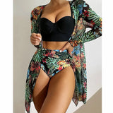 Fongt New Sexy Bikini Mesh Three-Piece Set Gathered Print Split Swimsuit