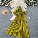 Fongt Suit Female Strap To Waist Gradient Color Pressure Folding Shirt High Waist 100 Folded Skirt Two Sets
