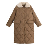 Collar Oversize Rhombus Pattern Long Parkas Pocket Female Warm Long Cotton Overcoat Single