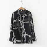 Women Vintage Chain Print Chiffon Blouse Full Sleeve Button Up Turn Down Collar Shirt Casual Office Lady Autumn Tops