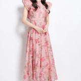 Fongt Elegant Dress 2025 New Retro Lace To Receive Waist Temperament Print Lotus Leaf Side Long Dress Woman