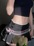 Fongt Cloth Forget French Ballet Style Striped Bow Lace Spliced Skirt Dress Suit