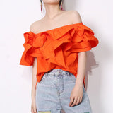 Chic Patchwork Ruffle Shirt For Women Slash Neck Short Sleeve Casual Green Blouse Female Fashion New Clothing
