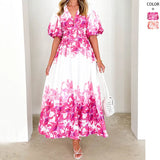 Fongt New Spring And Summer Bubble Sleeve V-Neck Women's Slings Print Fairy Gas In The Long Temperament Swing Dress Dress Woman