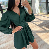 Sexy Sashes Satin A Line Mini Dress Deep V Neck Front Cross Lantern Sleeve Drawn Back Casual Dress 2021 New Women