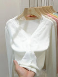 Sweet Soft Wool Cardigan Slim Women Patched Lace V Neck Full Sleeve Solid Color Autumn Spring Sweater Shirts-Outfit