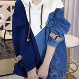 Clothing Denim Patchwork Hooded Sweatshirts Stylish Autumn Winter Korean Casual Loose Contrasting Colors Pockets Tops-Outfit