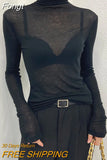 Y2K Fashion Solid Turtleneck T Shirt Women Harajuku Sexy See Through Long Sleeve Tee Slim All-match Basic Pullover