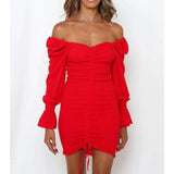 Elegant Bodycon Mini Dress Mesh Long Sleeve Patchwork Square Collar Slim Stretch Vestidos Drawstring Party Casual