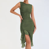Fongt Women's Fashion Net Gauze Slim Show Back Solid Color Temperament Sexy Dress