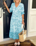 Fongt Summer Temperament Commuting Long-Term Broken Flower Tie-Dye Printing Large Code Loose Dress Women