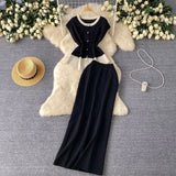 Fongt Sense Of The Color Short Sleeve Knitted Cardigan Top + High Waist Long Skirt Summer Wearing Two Sets