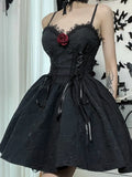 Dark Tie Up Mall Gothic Elegant Women Dresses Grunge Aesthetic Jacquard A-Line Dress Emo Lace Trim Black Party Alt