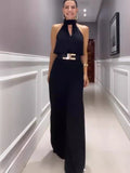 Fongt Summer New Fashion Round Collar Harness Waist Solid Color Wide Leg One-Piece Trousers Women-Outfit