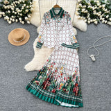 Fongt Suit Female Retro Color Print Bran Long-Sleeved Shirt + High-Waist A Word Half-Dress Skirt