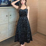 Women dress Korean style Silk Velvet Off shoulder A-line star Black Party Dress Elegant Female Spaghetti Strap