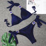 Fongt Sexy Shiny Special Fabric Swimwear Crystal Diamond Bikini Gold Straps Women's