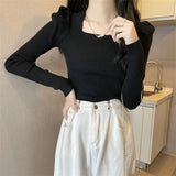 Fongt Collar Bottom Shirt Women's 2023 Autumn Winter New Knitting Low Coltleneck Sweater Short Black Bubble Sleeve Jacket