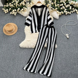 Fongt Women's Summer V-Neck Loose Knitted Cardigan Top + Broad Leg Trousers Set With Striped Hollow Set