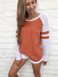 Fongt Fashion New Summer Hit-Colored Stripe Splicing Long-Sleeved T-Shirt Round Collar Top Lady