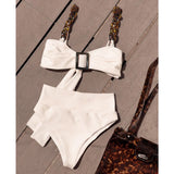 2025 New Pure White Chain Sling Split Swimsuit Women High Waist Pit Strips Brab