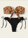 Bikini 2022 Woman Sexy Front Lace Up Tie Strapless Leopard Swimsuit Female Push Up Ruffled Bow Bathing Suit Thong
