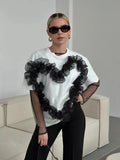 Fongt Eogen Yarn Folded Spliced T-Shirt Women Fashion In Wind Collar Loose Cotton Top