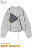 Long Sleeve Hoodless Hoodies Women 2023 Autumn Patchwork Fake Two-Piece Sling Design Oversize Sweatshirt Pullover