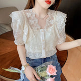 Summer V Neck Lace Shirt Fashion Short Sleeve Ruffle Stitching Sweet Women Tops with Suspenders Korean Crochet Blouse
