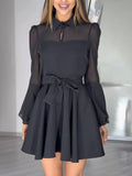 Fongt Net Horn Sleeve Dress Belt Design Black And White Multi-Color Elegant Famous Short Skirt