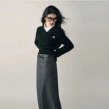 Cropped Sweater Women Solid V Neck Knitted Pullovers Vintage Preppy Slim Knitwears Korean Basic Black Grey Jumper Tops-Outfit