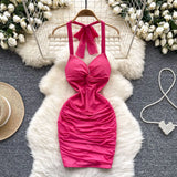 Fongt Wind Hanging Neck Sling Dress Women Summer Shiny Folds Design Ass Short Skirt