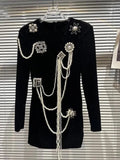 QUALITY Newest 2023 Designer Stylish Fashion Women's Long Sleeve Pearls Chains Diamond Beaded Velvet